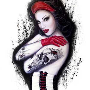 Gorgeous corseted babe with some killer spider and skull ink. Painting by Martin Darkside. #MartinDarkside #prettypieceofflesh #darkart #tattoedartist #UKpainter #pinupgirls #horror #oilpainting #bradford #skull #spidr