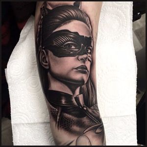 Black and grey Catwoman portrait tattoo by Pete Belson. #blackandgrey #petethethief #PeteBelson #portrait #catwoman