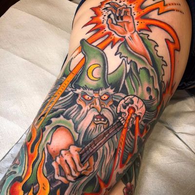 Warrior Wizard by Matt Van Cura #MattVanCura #newtraditional #color #wizard #moon #scepter #skull #magic #bones #fire #warlock #Sorcerer #tattoooftheday