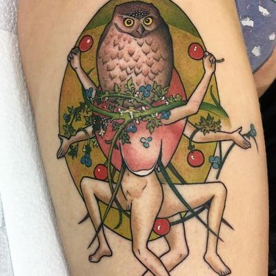Tattoo by Guen Douglas #GuenDouglas #neotraditional #color #finearttattoo #fineart #painting #hieronymusbosch #owl #apple #berries #dance #surreal #strange #bird #nature