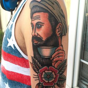 Barista-insipired tattoo by Michal Bajborwu. #traditionalamerican #coffee #barista #caffeine #coffeelover