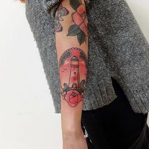 Lighthouse tattoo by Lou DC. #LouDC #kawaii #girly #cute #pinkwork #lighthouse