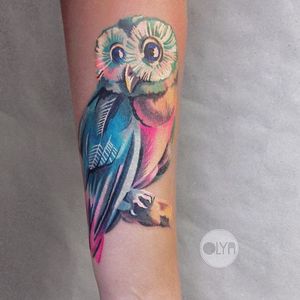 Owl Tattoo by Olya Levchenko #owl #watercolor #watercolorartist #contemporary #colorful #OlyaLevchenko
