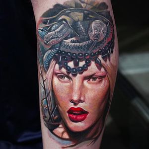 Snake woman tattoo by Dongkyu Lee @q_tattoos #dongkyu #dongkyulee #realism #realistic #portrait #korea #snake #woman #snakewoman