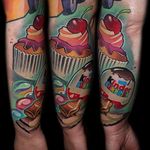 Cupcake and candy forearm piece by Lehel Chaos. #abstract #newschool #LehelChaos #cupcake #candy