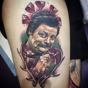Ron Swanson tattoo by Brendan Boz. #neotrad #neotraditional #portrait #RonSwanson #parksandrec #BrendanBoz