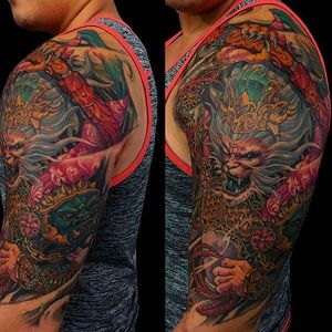 Magnificent looking neo-oriental colored half sleeve tattoo by Tony Hu. #TonyHu #halfsleeve #neooriental