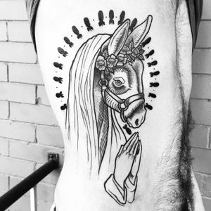 Holy donkey tattoo by Marie-Christine Gauthier #MarieChristineGauthier #monochrome #monochromatic #blackwork #dotwork #donkey #virgin #prayinghands