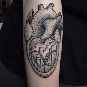 Roller Coaster Heart Tattoo by Susanne König #heart #anatomicalheart #dotwork #illustrative #SusanneKonig