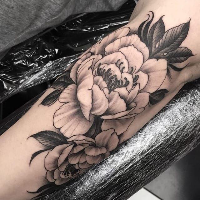 Black and grey peony shoulder tattoo by Audi  Tattoos