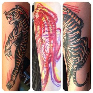 Crawling Tiger Tattoo by Max Kuhn #tiger #freehand #freehandtraditional #traditional #drawnon #nostencil #oldschool #traditionalartist #MaxKuhn