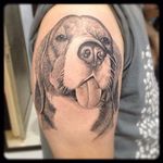 Black and grey beagle ready to give you a kiss. Tattoo by @goper_ink. #realism #blackandgrey #blackandgreyrealism #dog #beagle #goper_ink