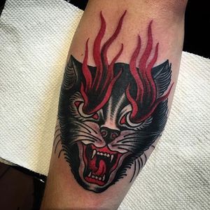 Demonic cat friend. By Heather Bailey (via IG—cathedraloftears) #HeatherBailey #TattooArtist #cathedraloftears #traditional #halloween #spooky #goth