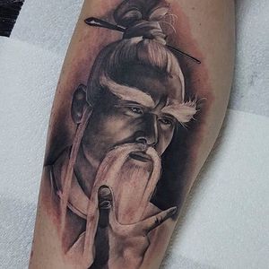 Black and grey Master Pai Mei tattoo by Nick Imms. #NickImms #blackandgrey #portrait #killbill #movie #film #cultfilm #popculture