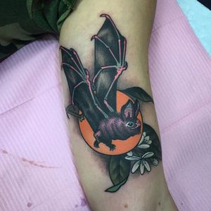 Bat tattoo #ChristinaHock #bat #neon #moon #flower