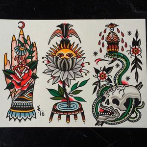 Traditional tattoo flash by Sam Ricketts, photo from Sam's Instagram. #flash #flashsheet #traditional #oldschool #skull #flower