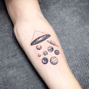 Perfectly done galactic tattoo by tattooist_flower #galactic #planets #space #blue #delicate #fineline #geometric #cute #linework