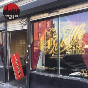 Gristle Tattoo Shop Front photo by Alex Wikoff #gristletattoo #nyc #shop #blackwork #illustrative #woodcut #fineline