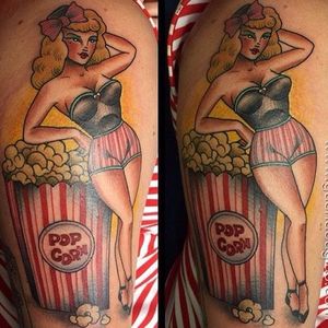 Popcorn tattoo, pin-up by @Guen_Douglas. #pinup #pinupgirl #traditional #popcorn #GuenDouglas