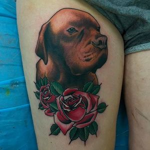Cute portrait of a dog with some roses. Tattoo by Dan Hartley. #DanHartley #TripleSixStudios #NeoTraditional #dog #rose