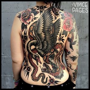 Awesome Black Swan vs Snake Back piece Traditional Tattoo by Vince Pages @Vince_Pages #Vincepages #Traditional #Traditionaltattoo #Nuitnoiretattoo #Geneva #Switzerland #Blackswan #snake