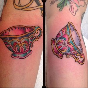 BFF teacup tattoos by Kim Saigh. #BFF #matchingtattoo #friendtattoo #teacup #neotraditional #KimSaigh