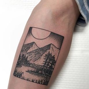 Mountain box tattoo by Charley Gerardin. #CharleyGerardin #box #portrait #contemporary #pointillism #blackwork #dotwork #handpoke #scenery #nature #mountain