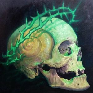 A painting of a skull in a crown of thorns with a snail's shell as part of its cranium by Christian Perez (IG—christian1perez). #ChristianPerez #crownofthorns #fineart #oilpaintings #snail #skulls
