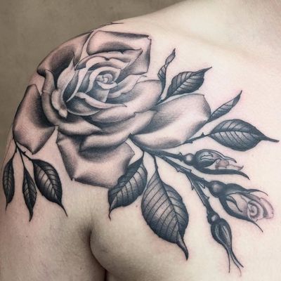Rose by Lara Scotton #larascotton #blackandgrey #oldschool #realistic #realism #nature #rose #rosebuds #leaves #thorns #flower #floral #tattoooftheday