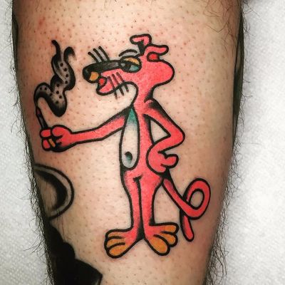 Pink Panther by Jason Ochoa #JasonOchoa #color #traditional #pink #pinkpanther #cat #cartoon #smoking #cigarette #tattoooftheday