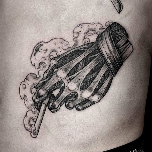 Blackwork hand holding a cigarette tattoo by HanBum Lee. #HanBumLee #Gghost #blackwork #hand #macabre #gore #dark #cigarette #skinned
