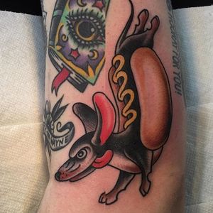 Hotdog Tattoo by Benjamin Haft #Hotdog #HotdogTattoos #FoodTattoos #SnackTattoos #DogTattoos #FunnyTattoos #BenjaminHaft