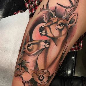 Doe and stag tattoo by Tim Tavaria. #deer #stag #doe #neotraditional #TimTavaria