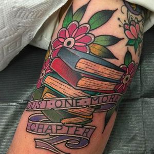 Awesome book worm tattoo done by Katie McGowan. #katiemcgowan #blackcobratattoo #coloredtattoo #neotraditional