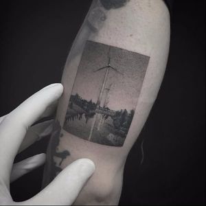 Hyper realistic miniature windmill tattoo by Fillipe Pacheco #FillipePacheco #miniature #blackandgrey #monochrome #realistic #windmill #landscape
