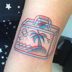 Travel tattoo by Winston the Whale #WinstontheWhale #anaglyph #3D #redink #blueink #travel #suitcase #island #palm