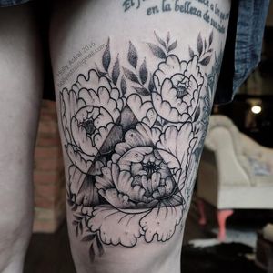 Black and grey peonies tattoo by Holly Astral #HollyAstral #dotwork #peonies #blackwork #blackandgrey #blackandgray #flowers