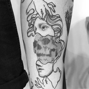 Death tattoo by Francesco Rossetti #FrancescoRossetti #besttattoos #linework #dotwork #blackwork #portrait #skull #death #face #hands #minimal #abstract #tattoooftheday