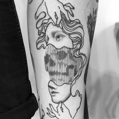 Death tattoo by Francesco Rossetti #FrancescoRossetti #besttattoos #linework #dotwork #blackwork #portrait #skull #death #face #hands #minimal #abstract #tattoooftheday