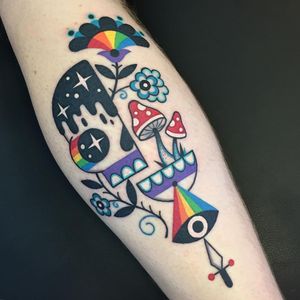 Tattoo by Winston the Whale #WinstontheWhale #surrealisttattoo #color #newtraditional #skull #rainbow #mushroom #flower #thirdeye #knife #stars