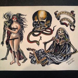 Time Flies by Heather Bailey (via IG-cathedraloftears) #artist #tattooartist #gothic #flashart #fineart #artshare #HeatherBailey #death #skull #snake #woman #skeleton