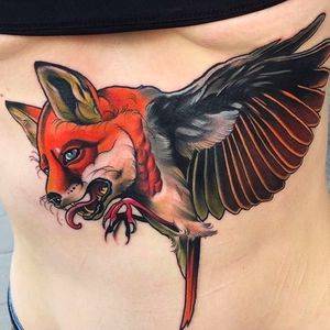 Fox and bird morph, super cool tattoo by Fru Duva. #FRUDUVA #animaltattoos #animal #fox #birdmorph