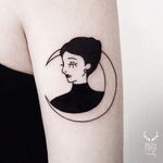 Crescent moon + sad girl blackwork tattoo by Nudy. #Nudy #blackwork #girl #sadgirl #woman #lady #crescentmoon #crescent #moon
