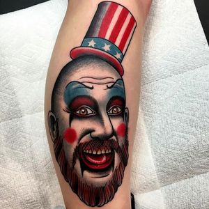 Tutti fuckin' fruity! Cool Devil's Rejects portrait tattoo #portrait #JoshDavis #traditional #devilsrejects #clown #hat #traditionalportrait