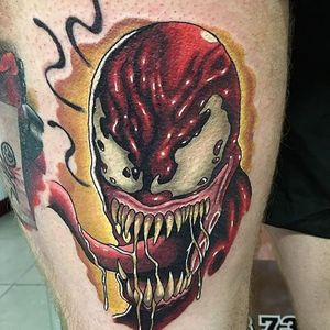 Carnage Tattoo by Chris Hill #CarnageTattoos #SpiderManTattoo #SpiderManTattoos #SpiderMan #MarvelTattoos #ComicTattoos #ComicBook #SuperVillains #ChrisHill