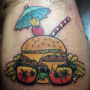Cheeseburger, fries and sunglasses tattoo to reminisce about Summer. Tattoo by Katie Nowicki. #traditional #burger #fries #cheeseburger #sunglasses #KatieNowicki