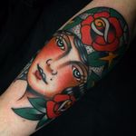 Lady head by Josh #joshbovender #color #traditional #ladyhead #lady #rose #leaves #portrait #flowrs #roses #dotwork #bandana #gypsy #fortuneteller #tattoooftheday