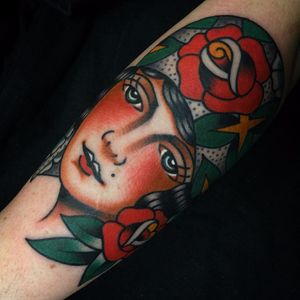 Lady head by Josh #joshbovender #color #traditional #ladyhead #lady #rose #leaves #portrait #flowrs #roses #dotwork #bandana #gypsy #fortuneteller #tattoooftheday