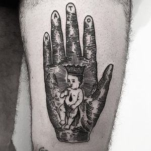 Jesus Tattoo by Massimo Gurnari #jesus #hand #crown #nato #blackwork #illustrative #darkart #etching #linework #MassimoGurnari