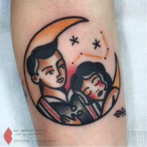 Lovers tattoo by Redlip Tattooer. #RedlipTattooer #Redlip #traditional #bold #moon #crescentmoon #crescent #lovers